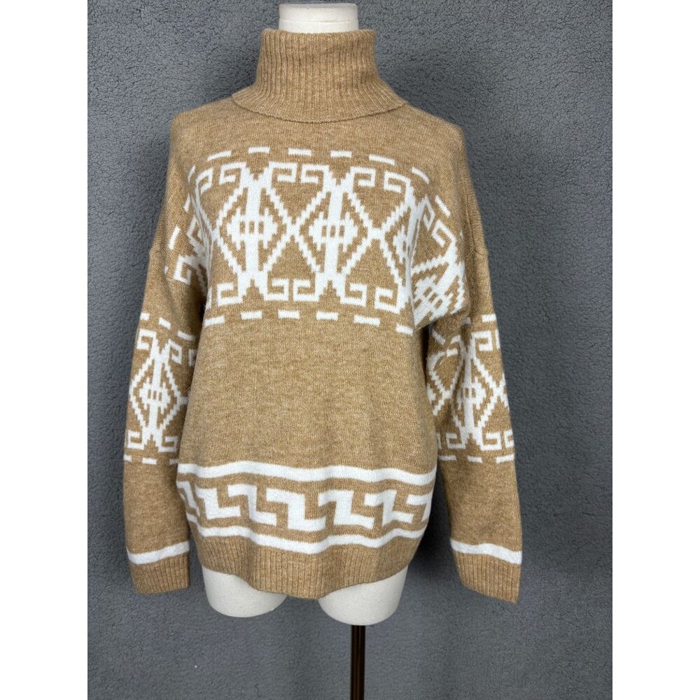 CeCe Women's Fair Isle Long Sleeve Turtleneck Sweater Tan Size Extra Small NWOT